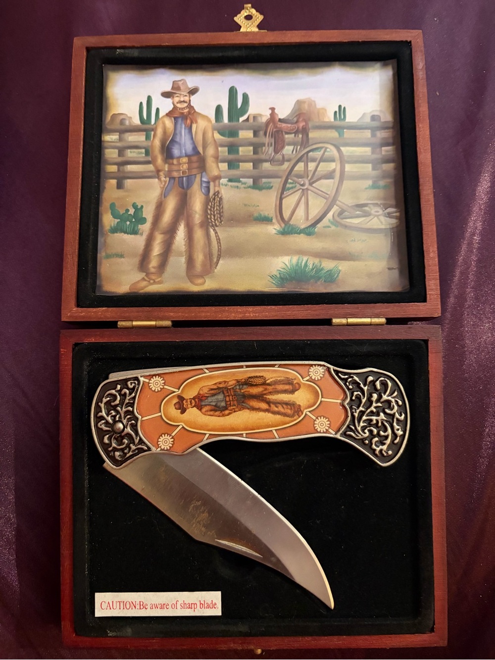 Western Cowboy Collectible Folding Knife in Brown and Silver In Wooden Box